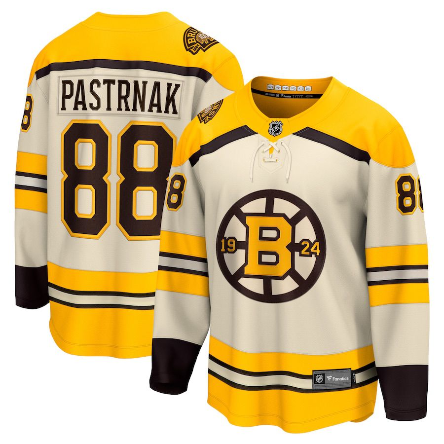 Men Boston Bruins #88 David Pastrnak Fanatics Branded Cream 100th Anniversary Premier Breakaway Player NHL Jersey->boston bruins->NHL Jersey